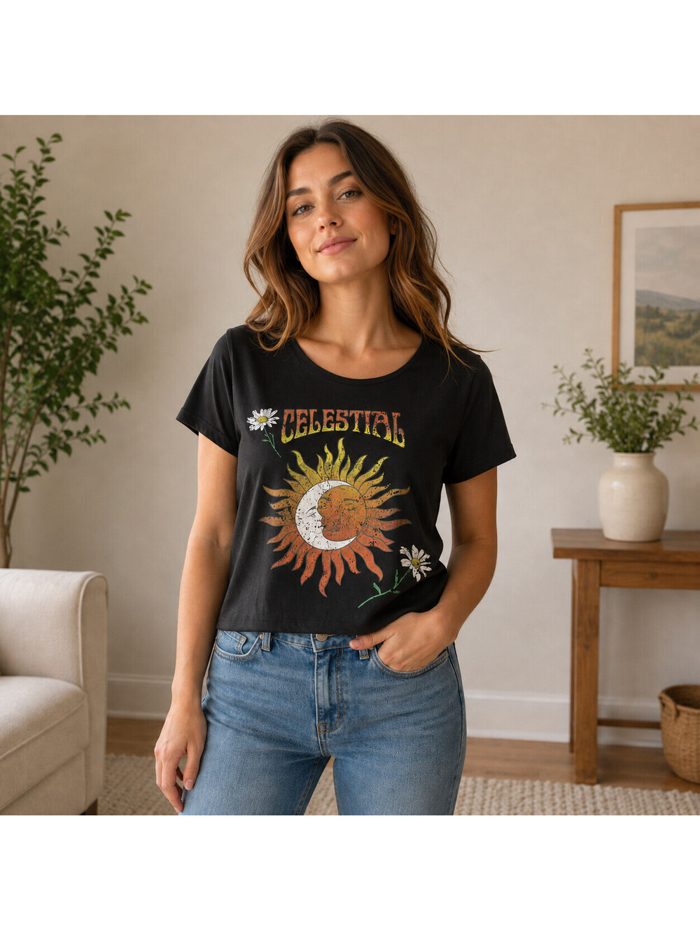 Sistas Celestial Graphic Crop Top Womens L Black Crisscross Back Whimsigoth Y2K